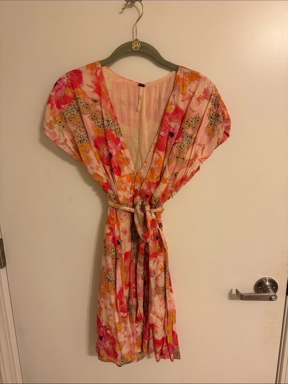 Free People Pink Floral V-Neck Mini Dress with Tie Waist - Picture 1 of 3